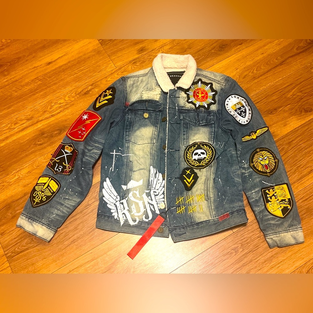 Reason Trucker Jacket Mens Small Blue Fleece Lined Patched Embroidered